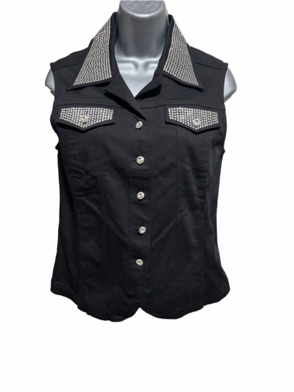 Parisline Black Denim Rhinestone Bling Vest Women's Small